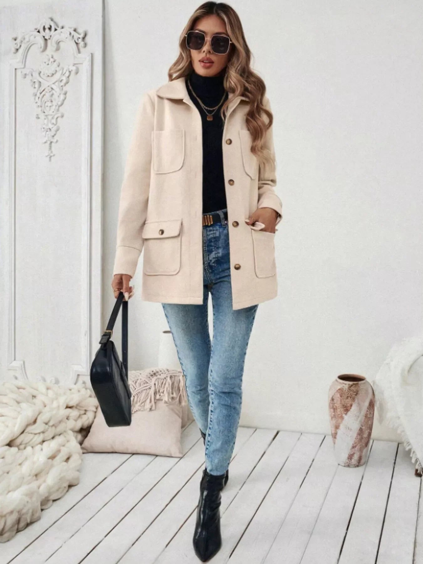 Button-Front Pocketed Long Sleeve Outerwear