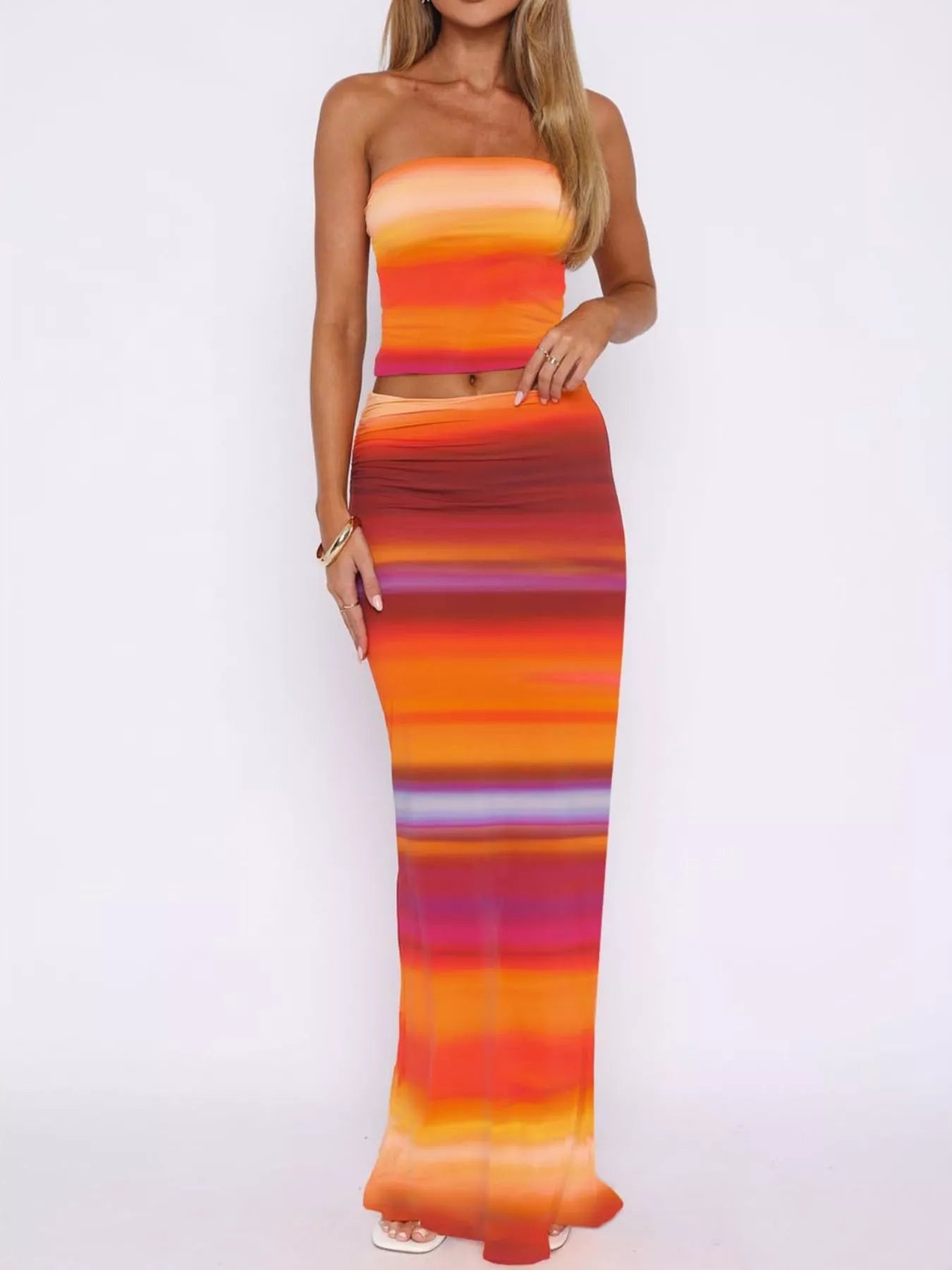 Striped Tube Top and Skirt Set