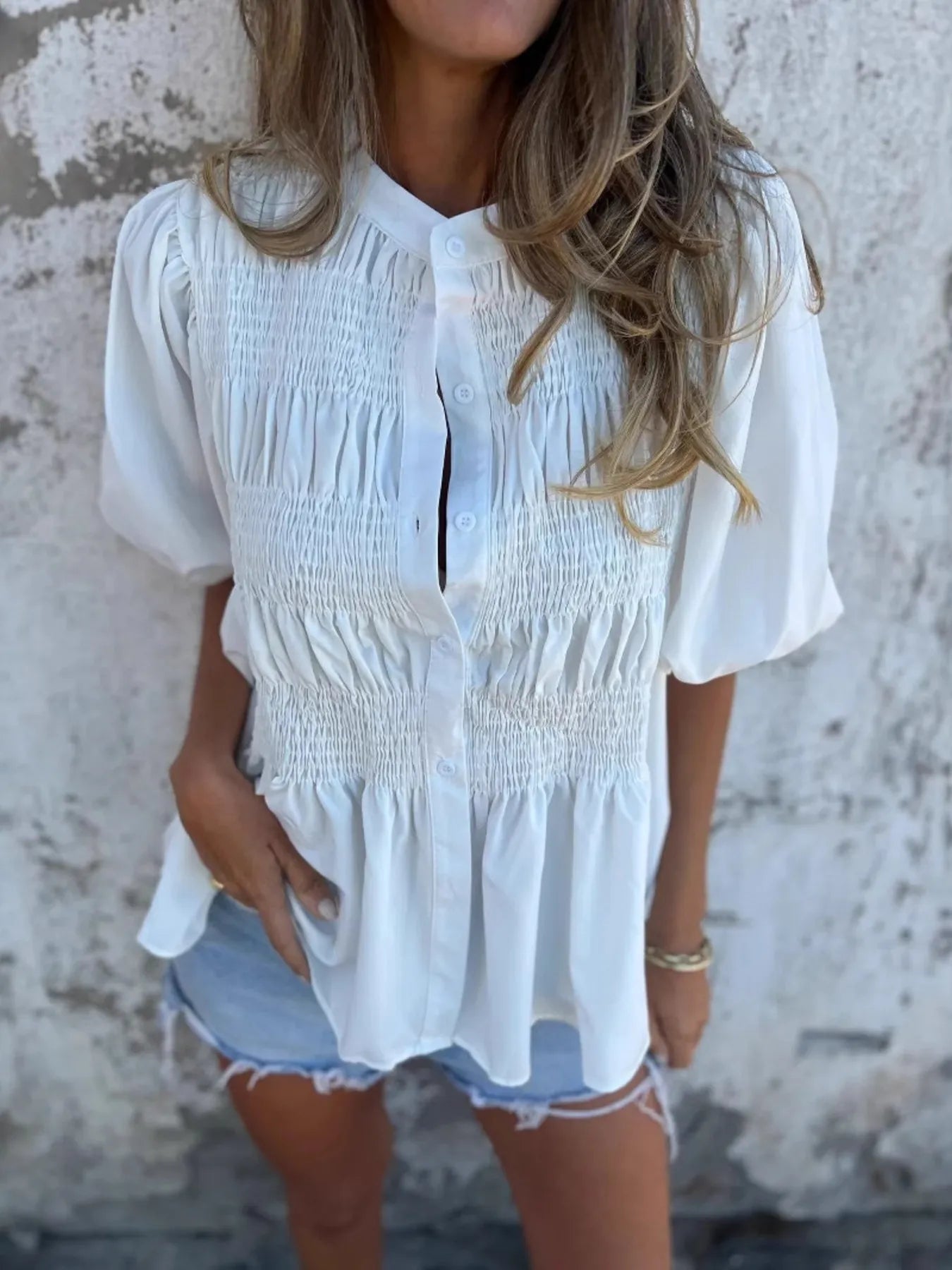 Full Size Smocked Button Front Puff Sleeve Shirt Plus Size