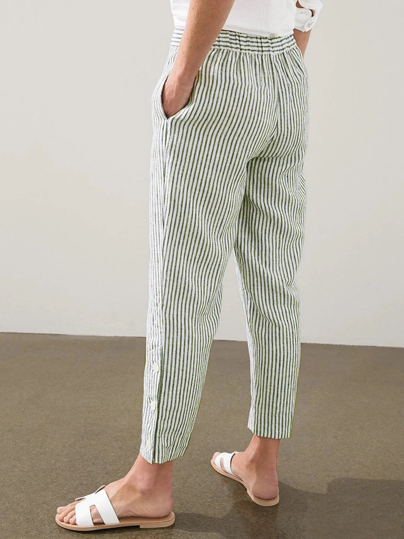 Full Size Striped Side Button Detail Pants Plus Size