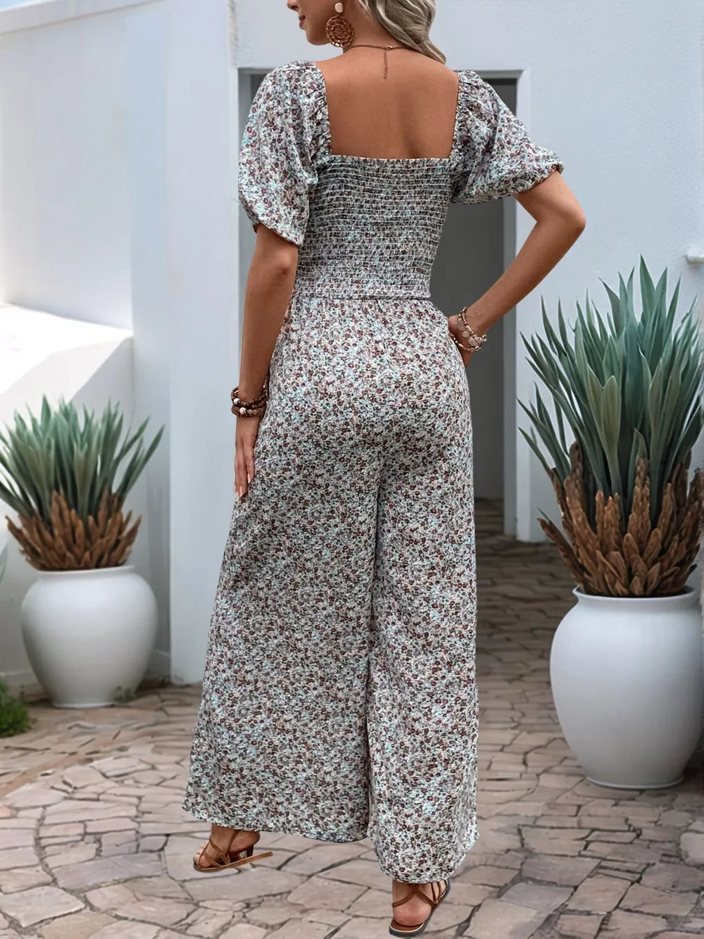 Perfee Ditsy Floral Smocked Square Neck Puff Sleeve Jumpsuit