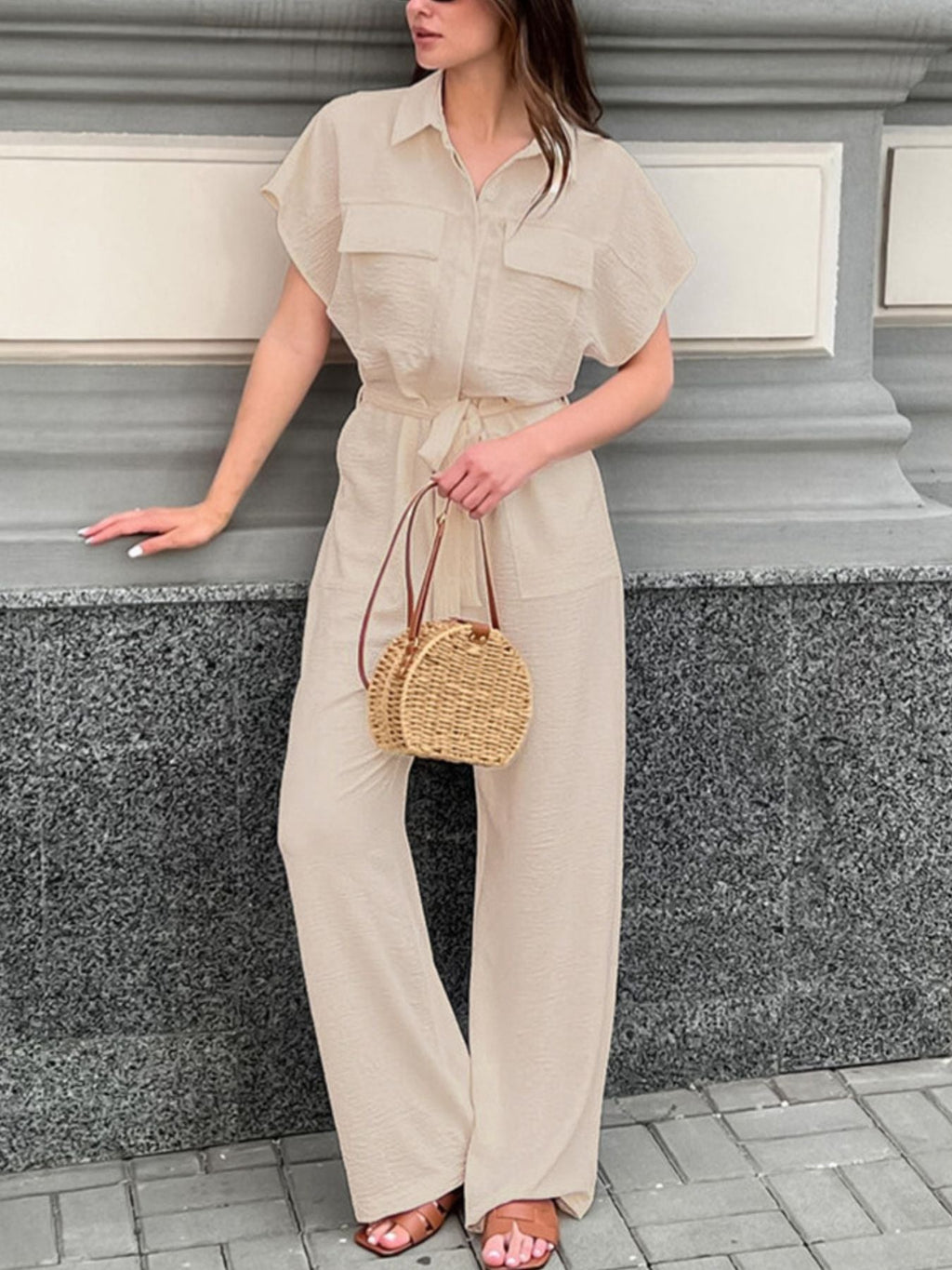 Chest Pocket Short Sleeve Wide Leg Jumpsuit