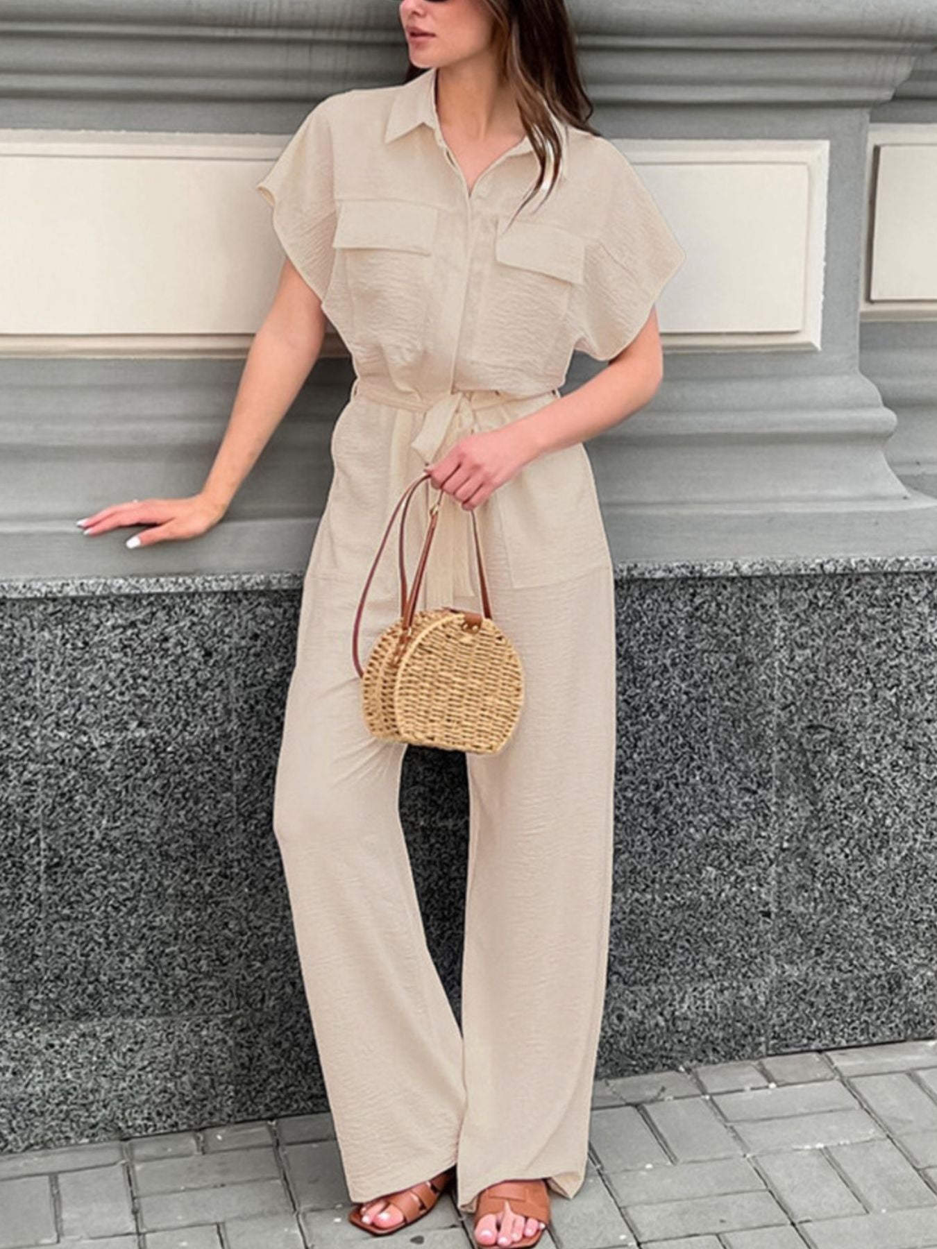 Chest Pocket Short Sleeve Wide Leg Jumpsuit