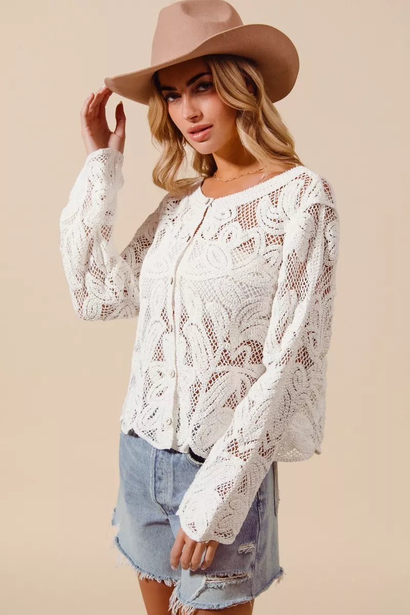 SO ME Button Front Floral Pattern Crochet Lace Cardigan