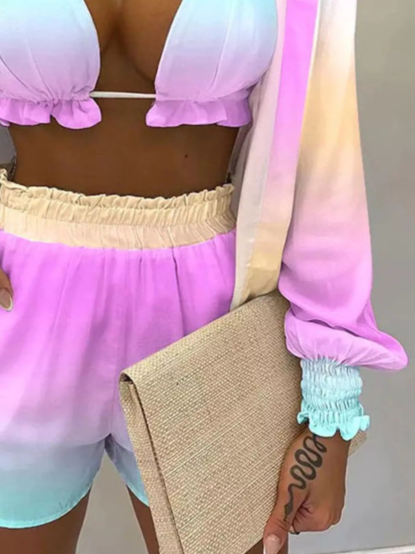 Full Size Halter Neck Cami & Shirt & Shorts 3-Piece Outfit Set Plus Size