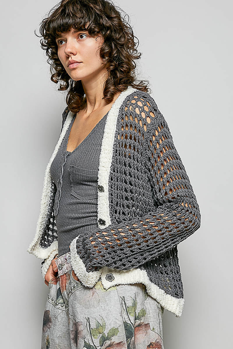 POL Openwork Contrast Cardigan with Floral Metal Button