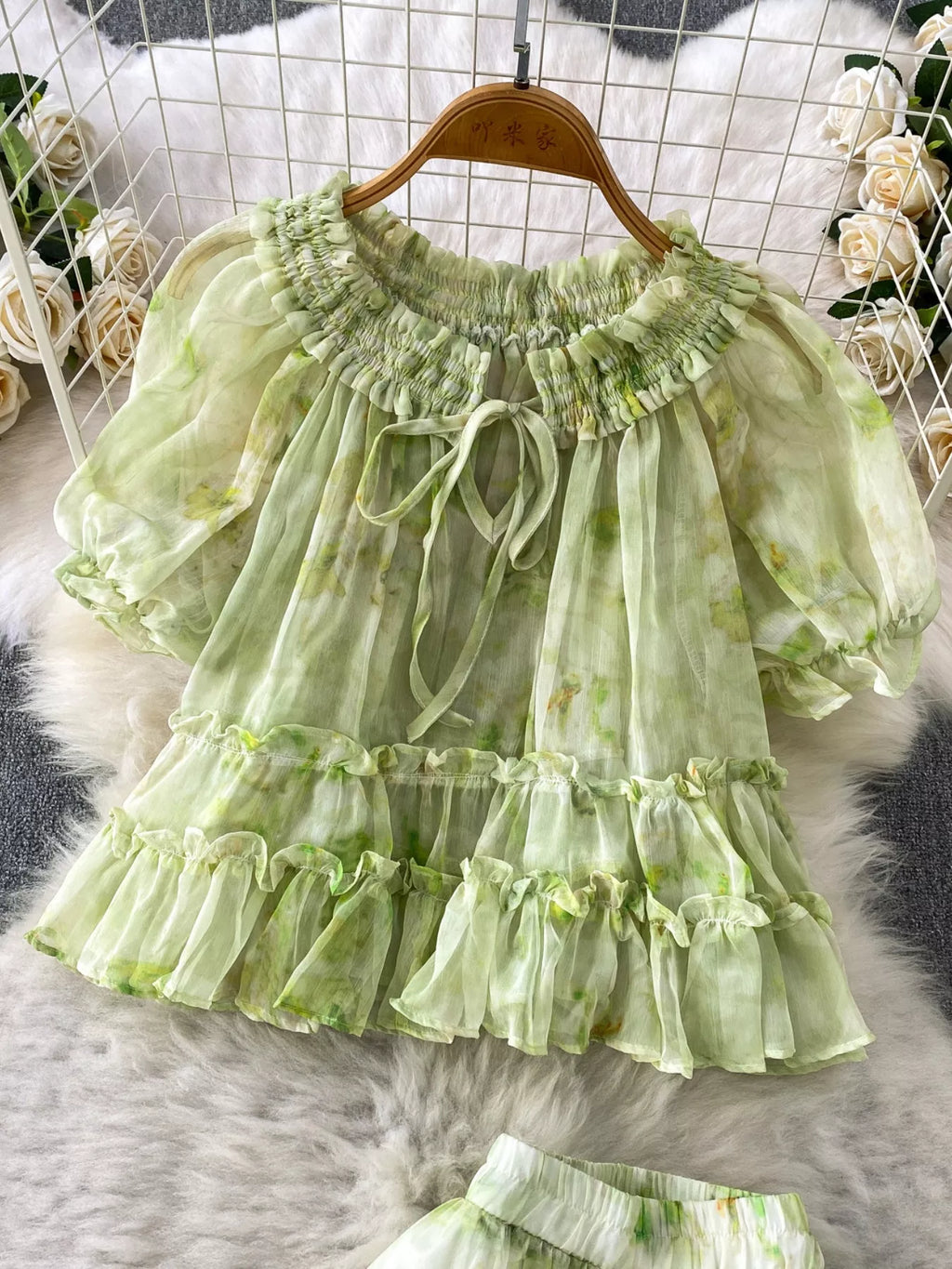 Floral Print Ruffle Hem Blouse and Skirt Set