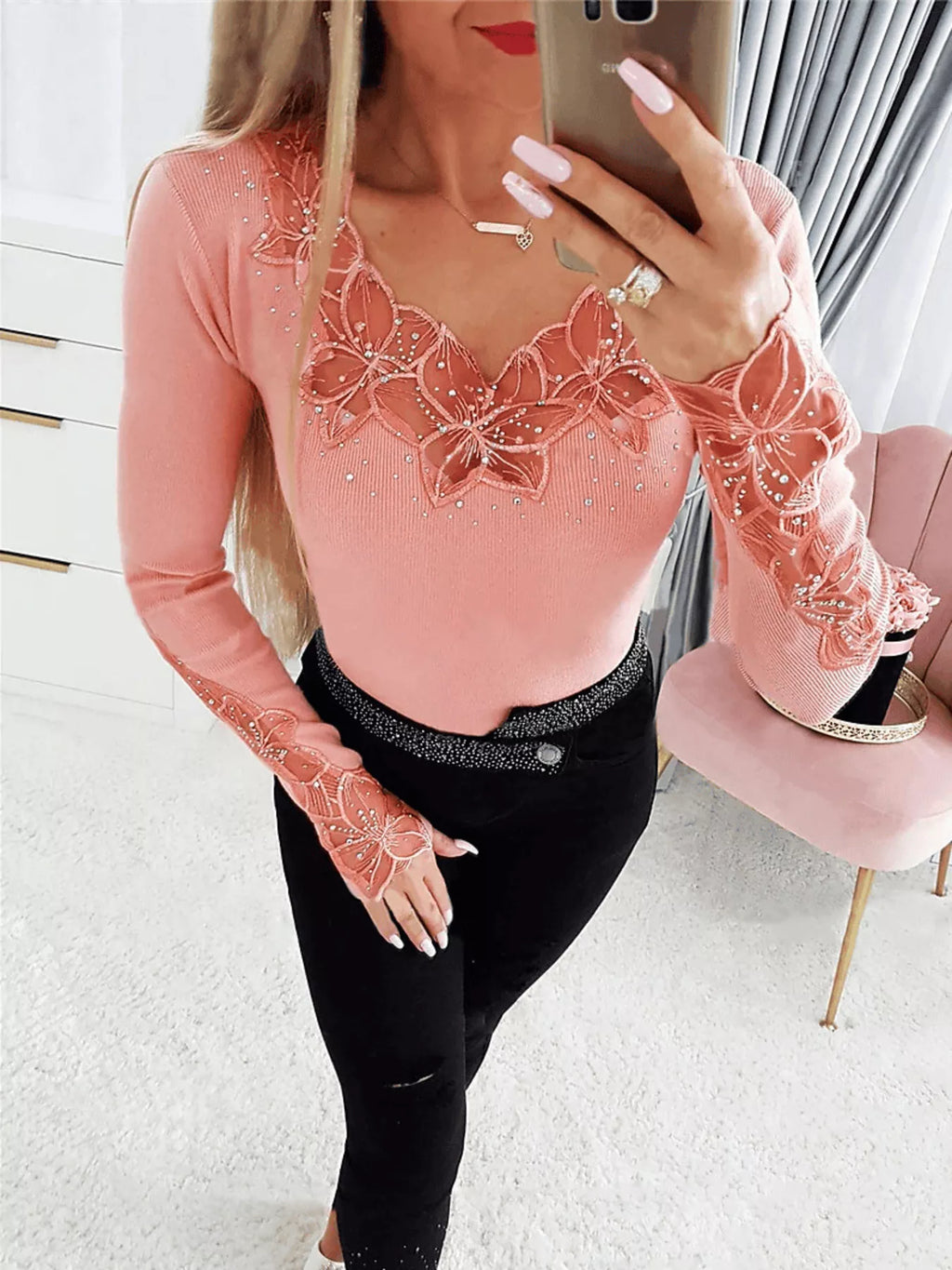 Elegant Lace Trim Long Sleeve Top