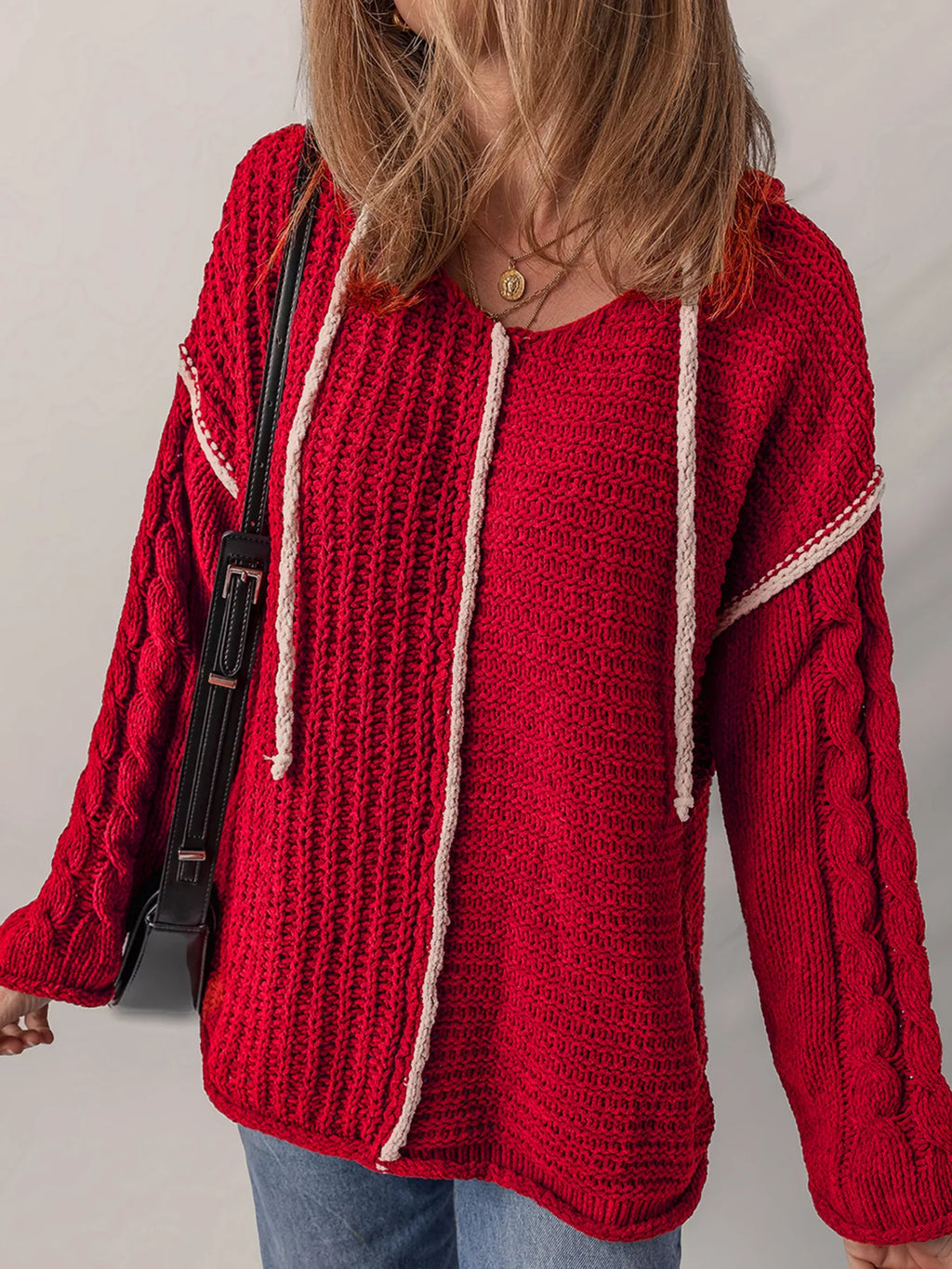 Contrast Trim Textured Knit Drawstring Hooded Sweater