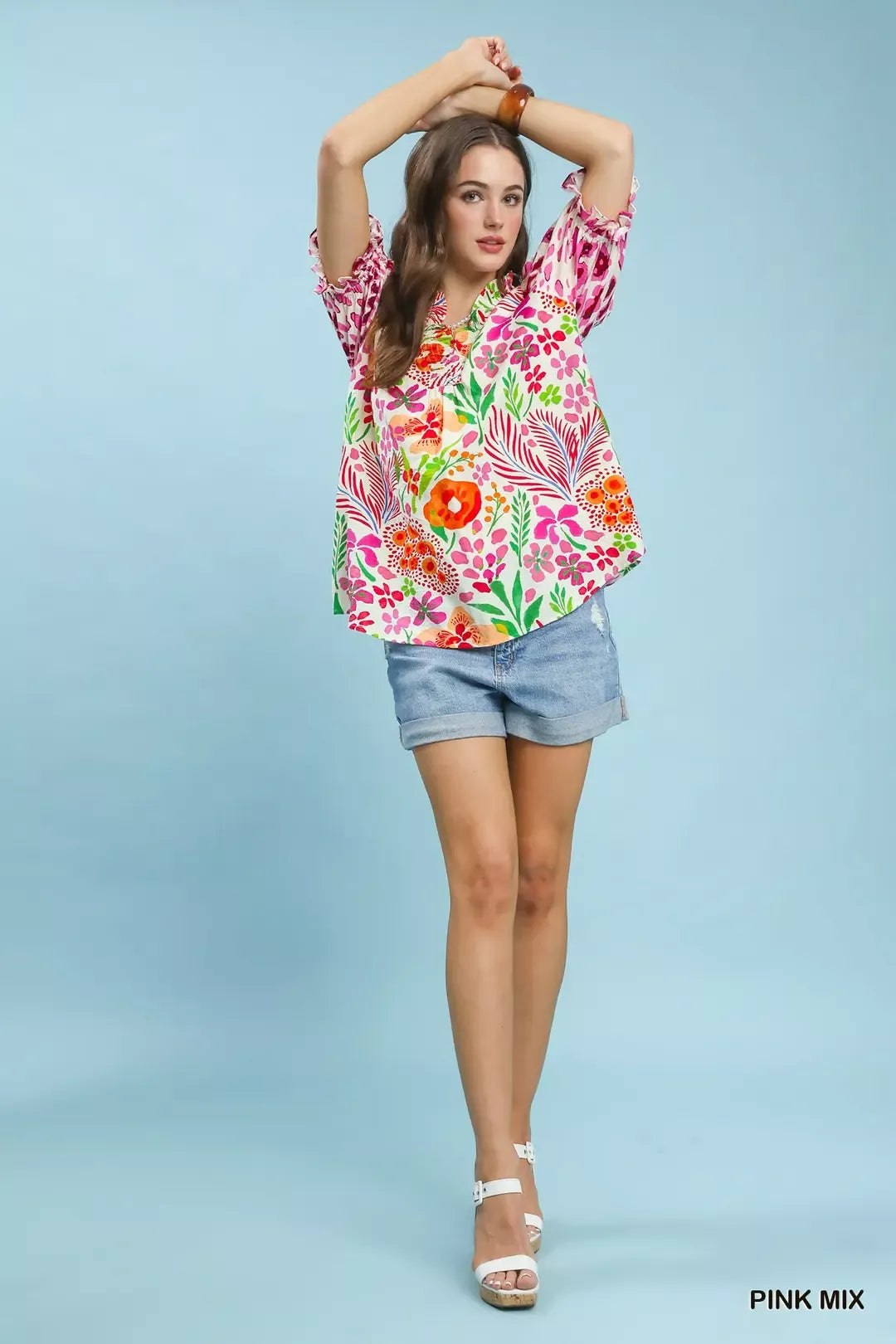 Umgee V-Neck Ruffle Trim Puff Sleeve Top