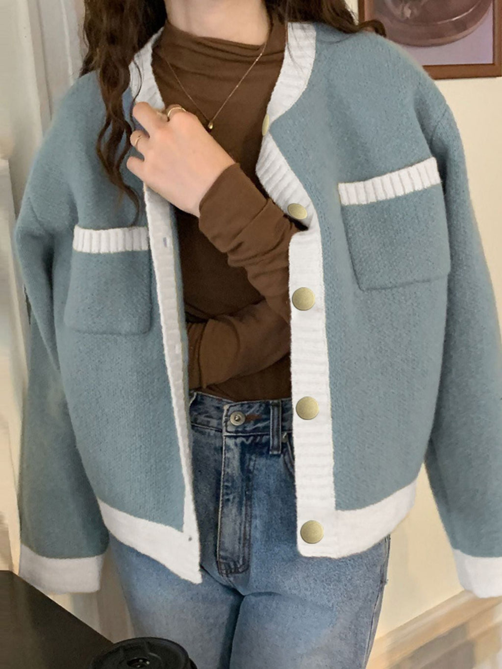 Contrast Trim Button Up Cardigan