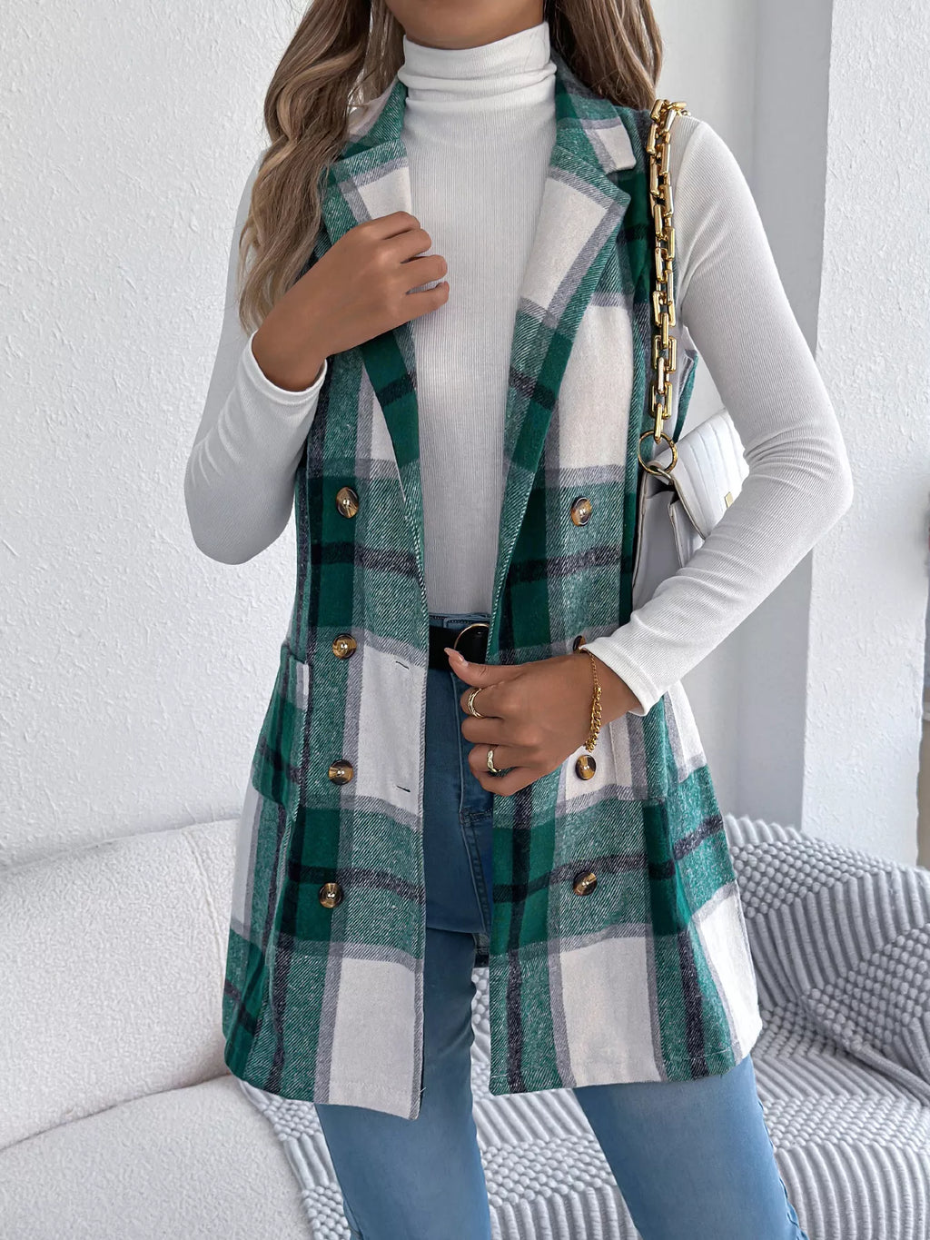 Plaid Double-Breasted Vest Coat
