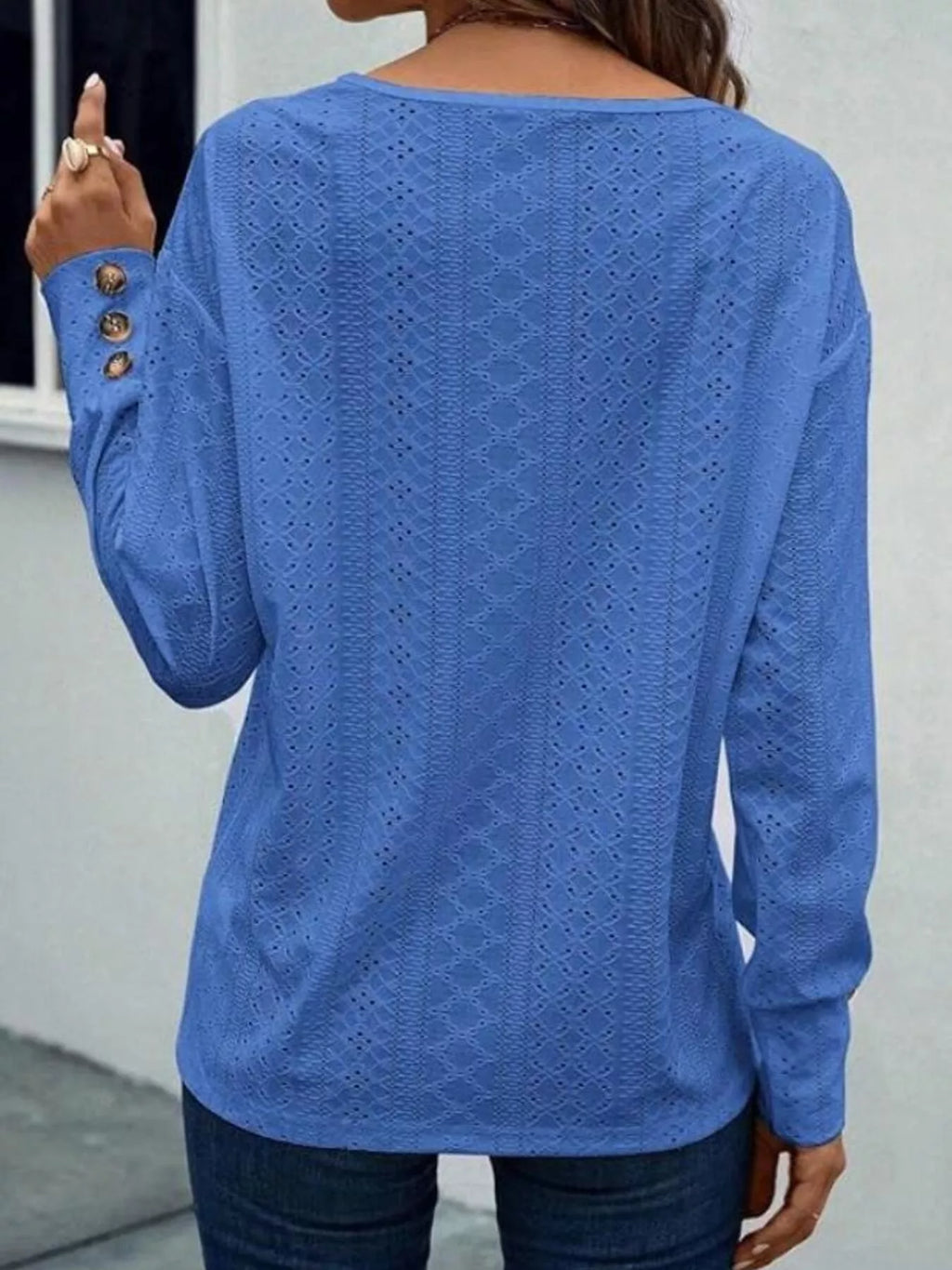 Eyelet V-Neck Long Sleeve Blouse
