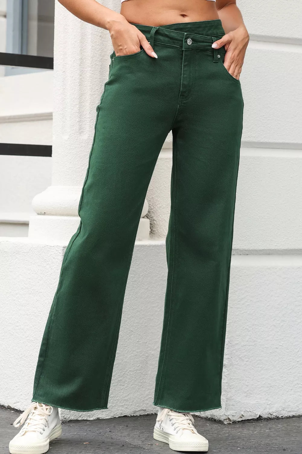 Crossed Waist Raw Hem Shift Jeans