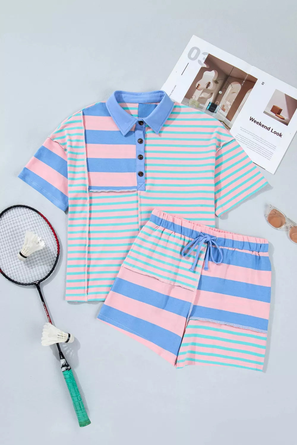 Stripe Exposed Seam Mixed Patchwork Loose Short Set