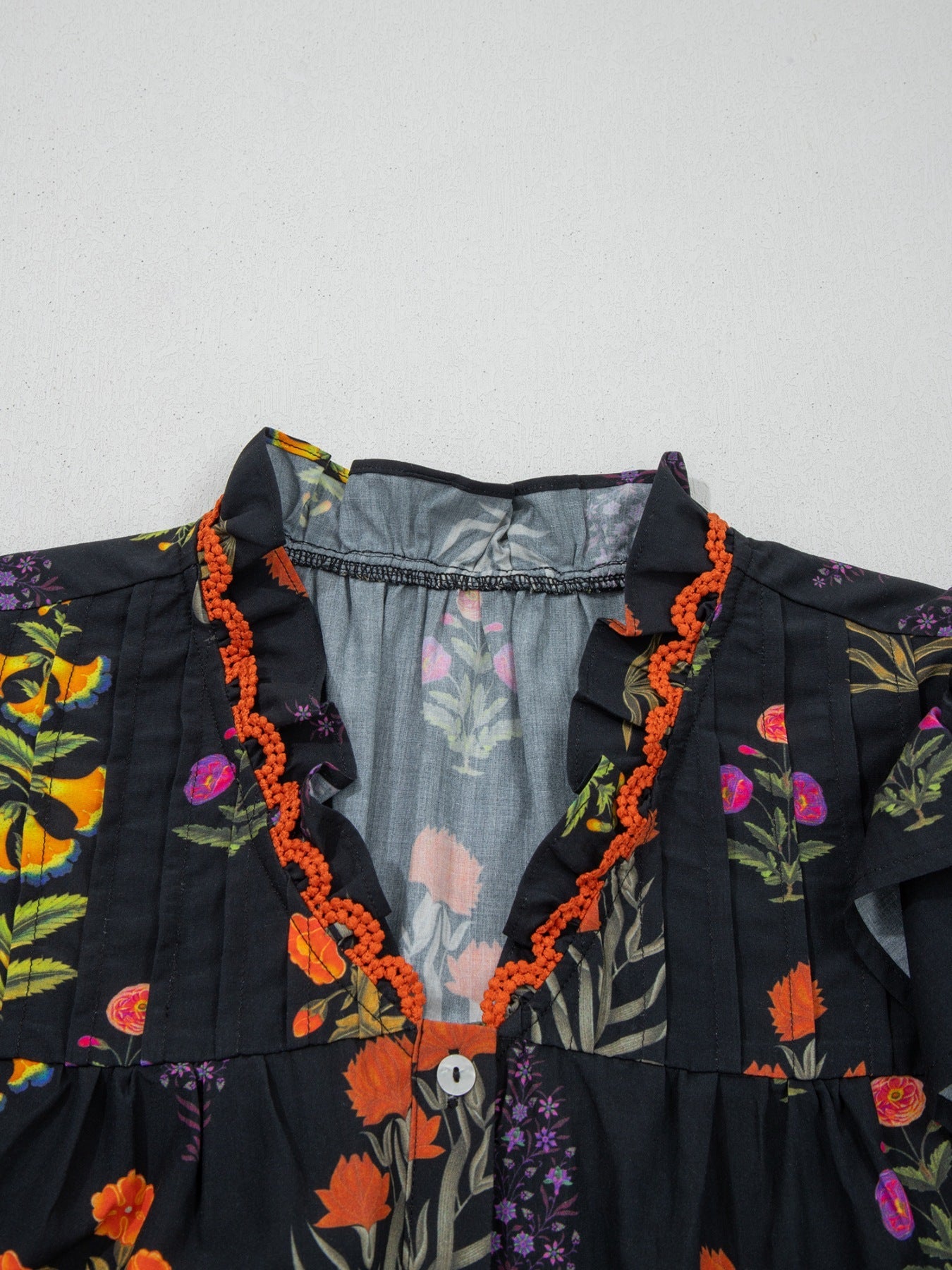 Floral Print Lace Trim Frilled V Neck Short Sleeve Shirt