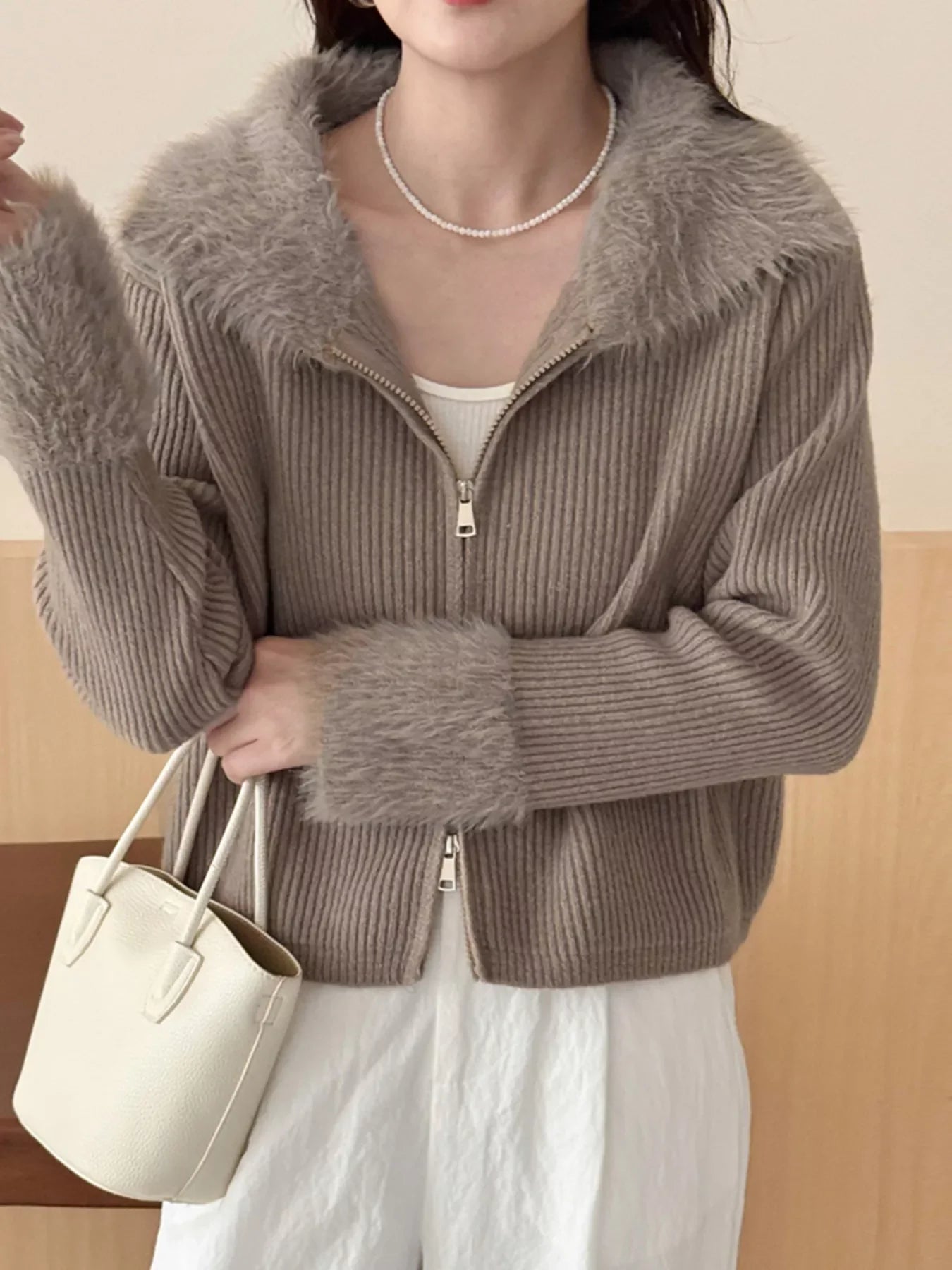 Fluffy Trim Zip-Up Cardigan