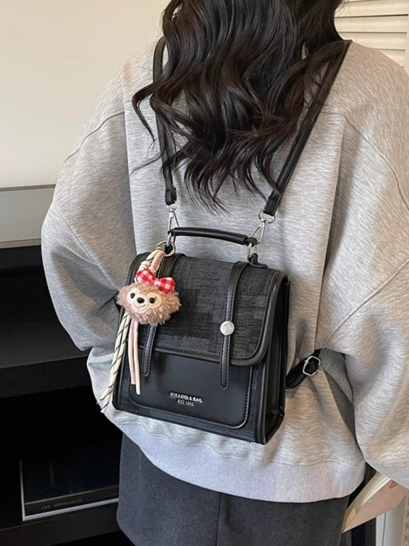 Flap Backpack Bag with Plush Charm