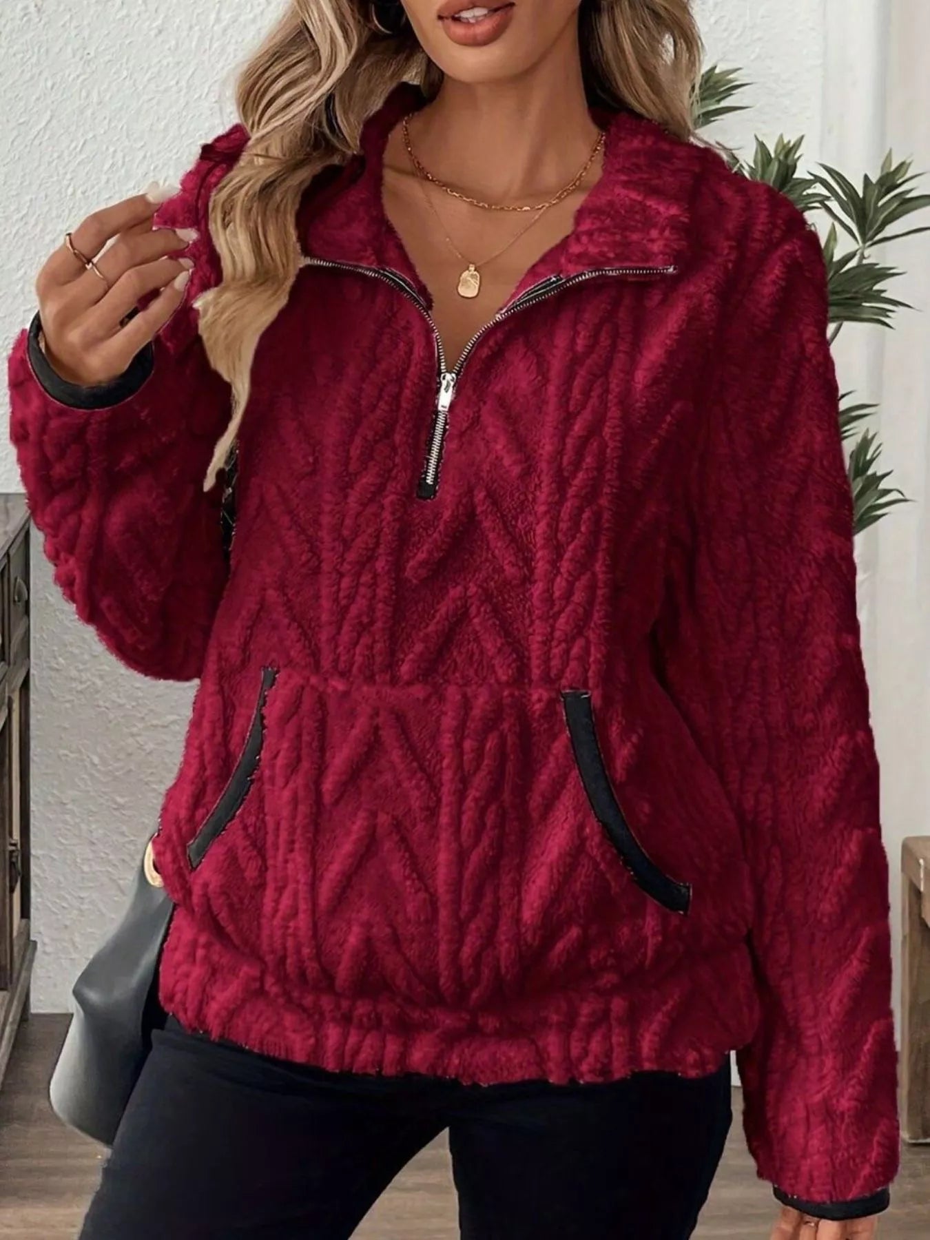 Full Size Half Zip Kangaroo Pocket Sweatshirt Plus Size