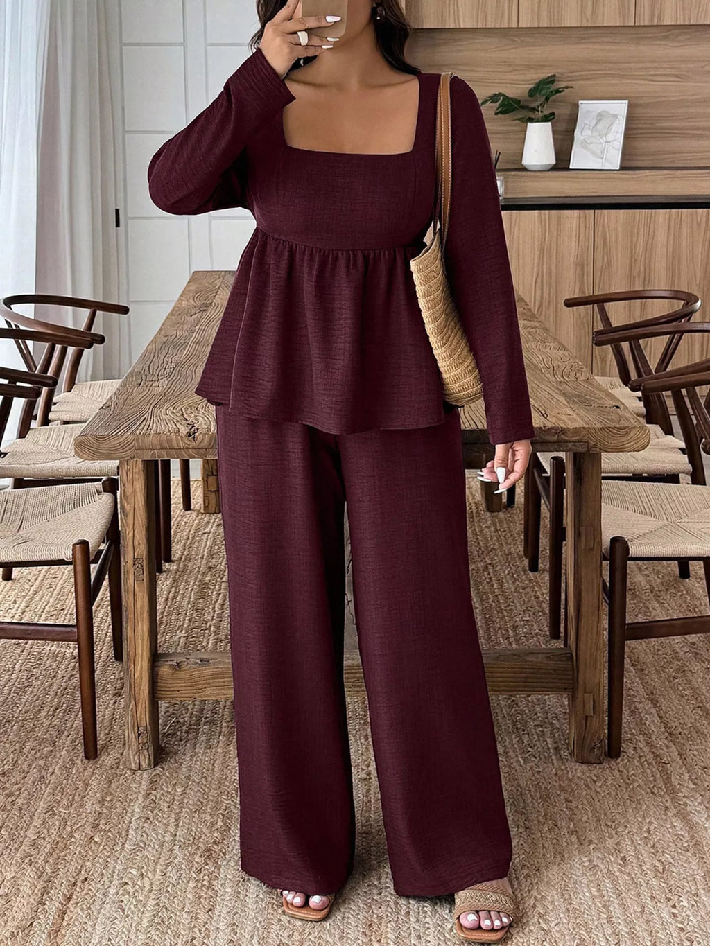 Plus Size Square Neck Long Sleeve Top and Pants Two-Piece Set