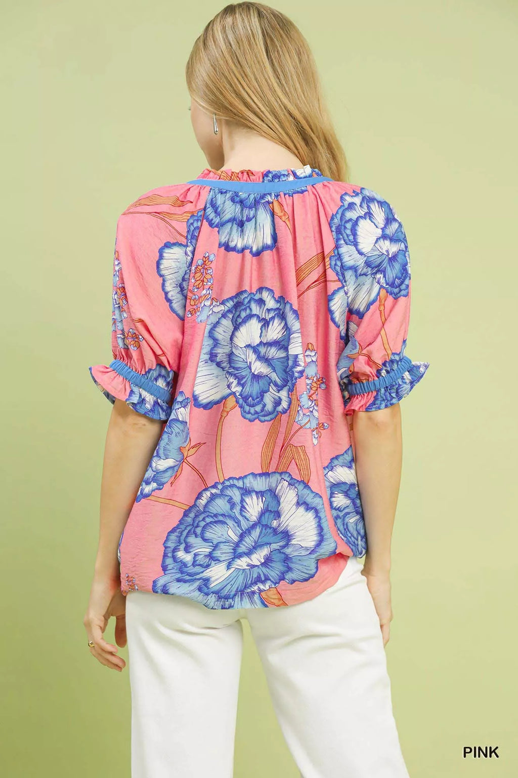 Umgee Floral V-Neck Puff Sleeve Blouse