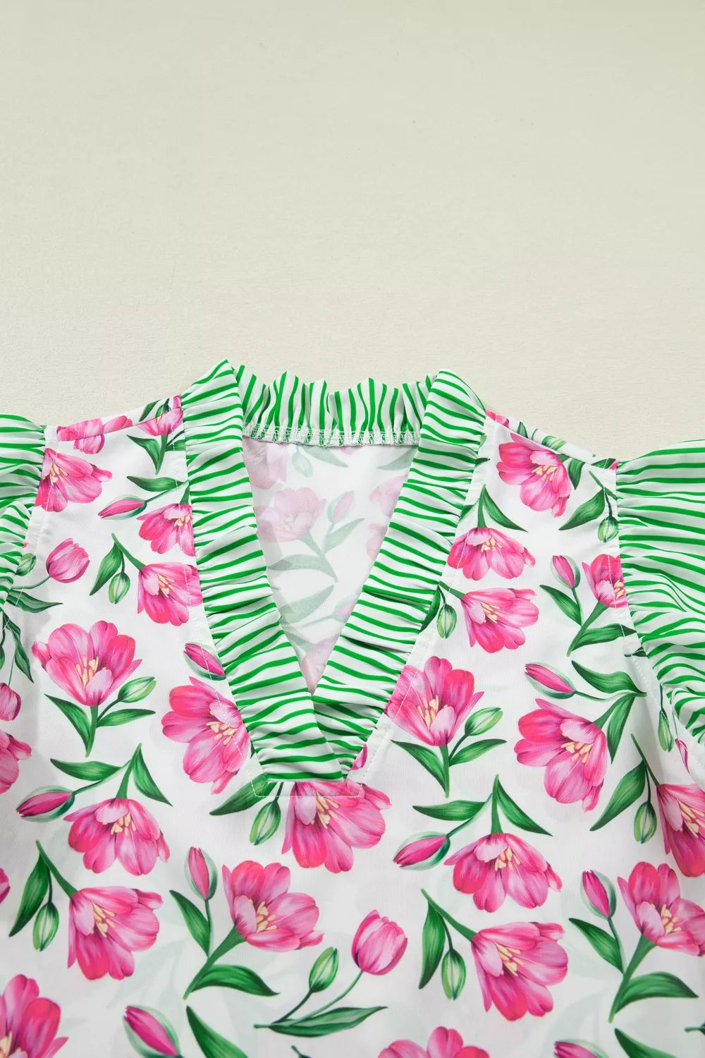 Floral Print Striped Ruffle Trim V Neck Blouse