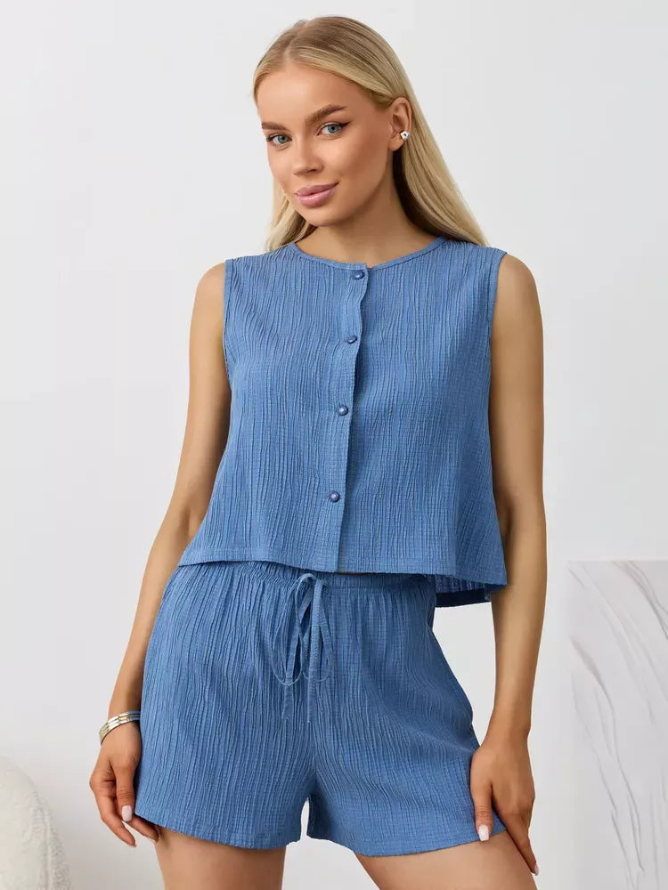 Textured Round Neck Tank and Shorts Set