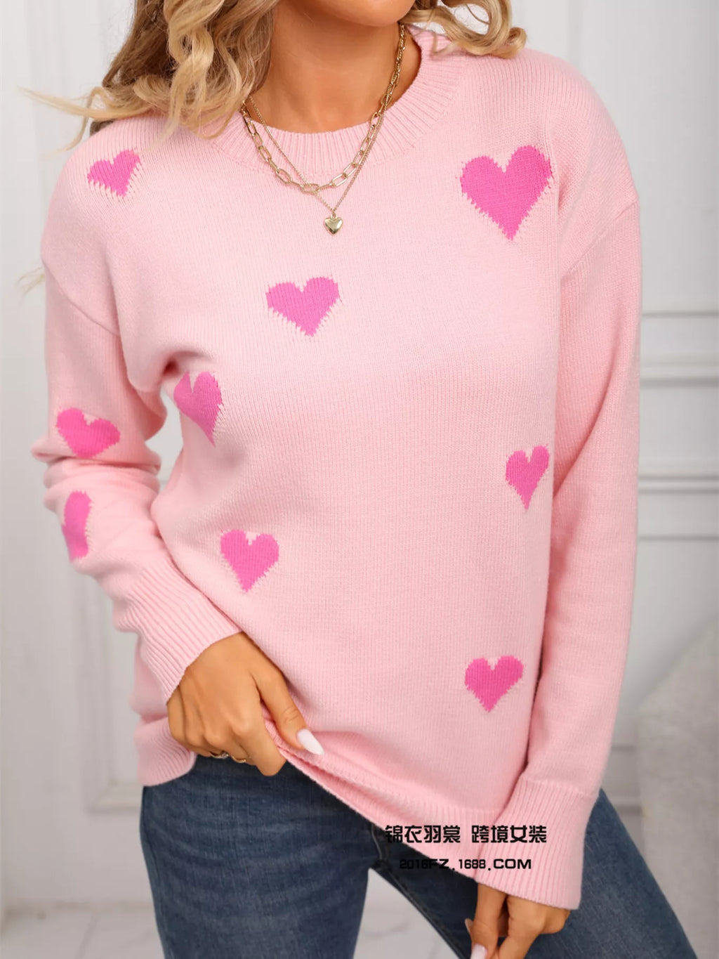 Valentine's Day Heart Print Round Neck Sweater