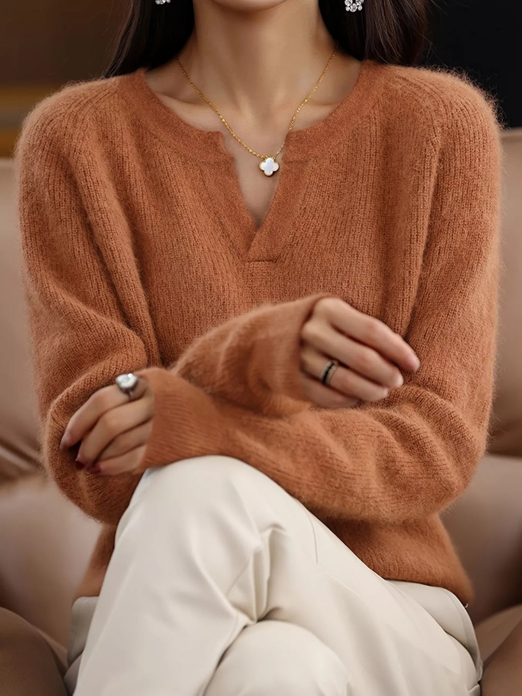 Notched Long Sleeve Sweater