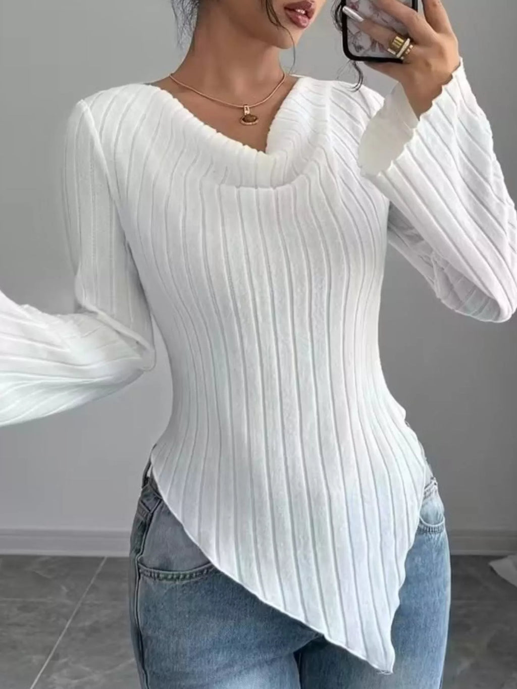 Cowl Neck Ribbed Knit Top