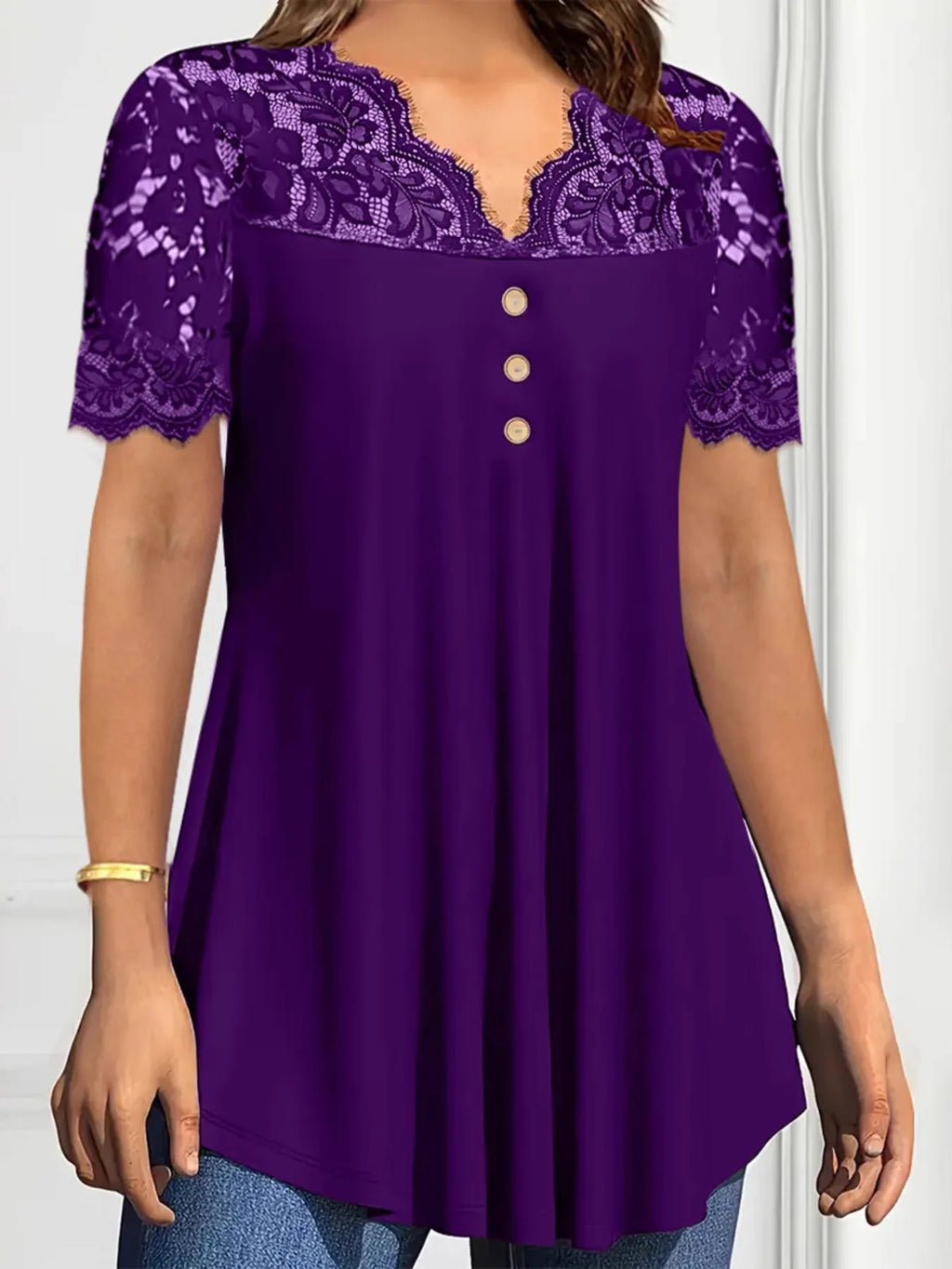 Lace Panel Short Sleeve Blouse