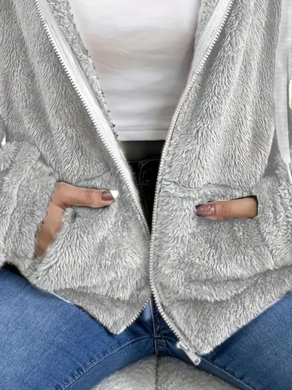 Drawstring Fleece Zip-Up Outerwear