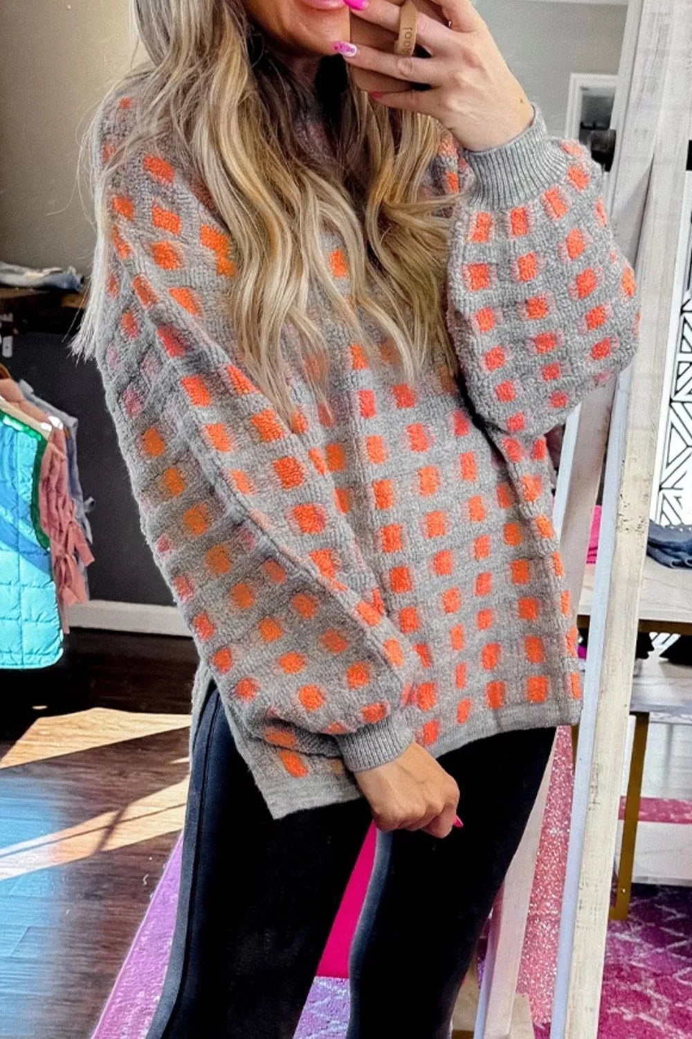 Plaid Round Neck Dropped Shoulder Sweater