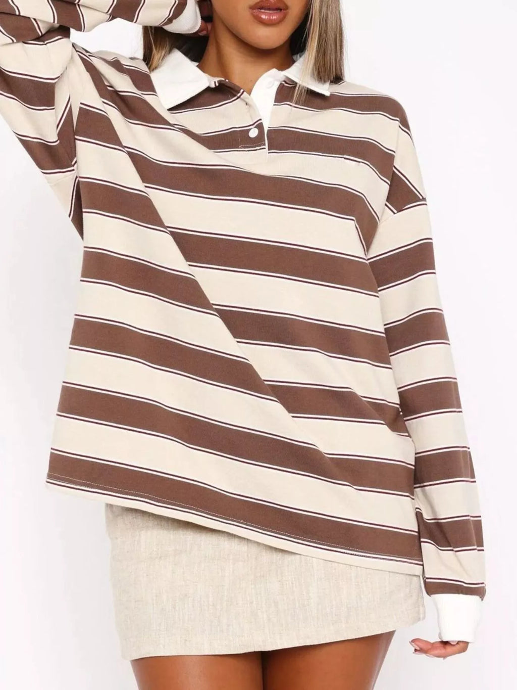 Striped Button Detail Long Sleeve Polo