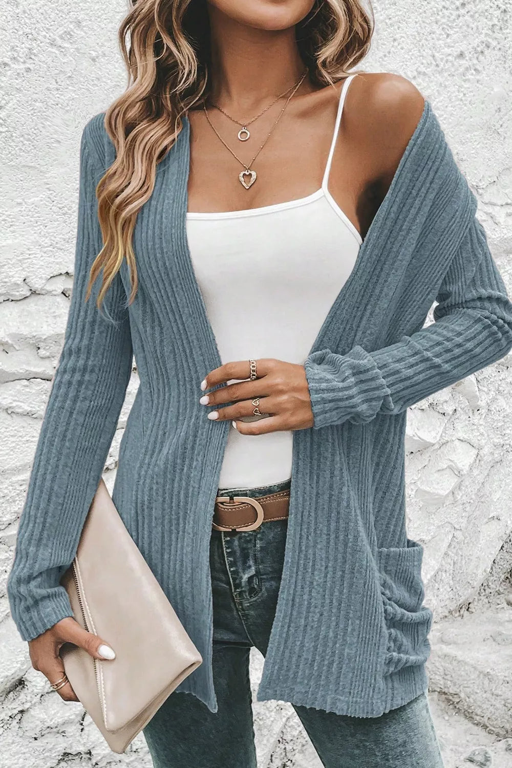 Ribbed Knit Open Front Cardigan with Pockets