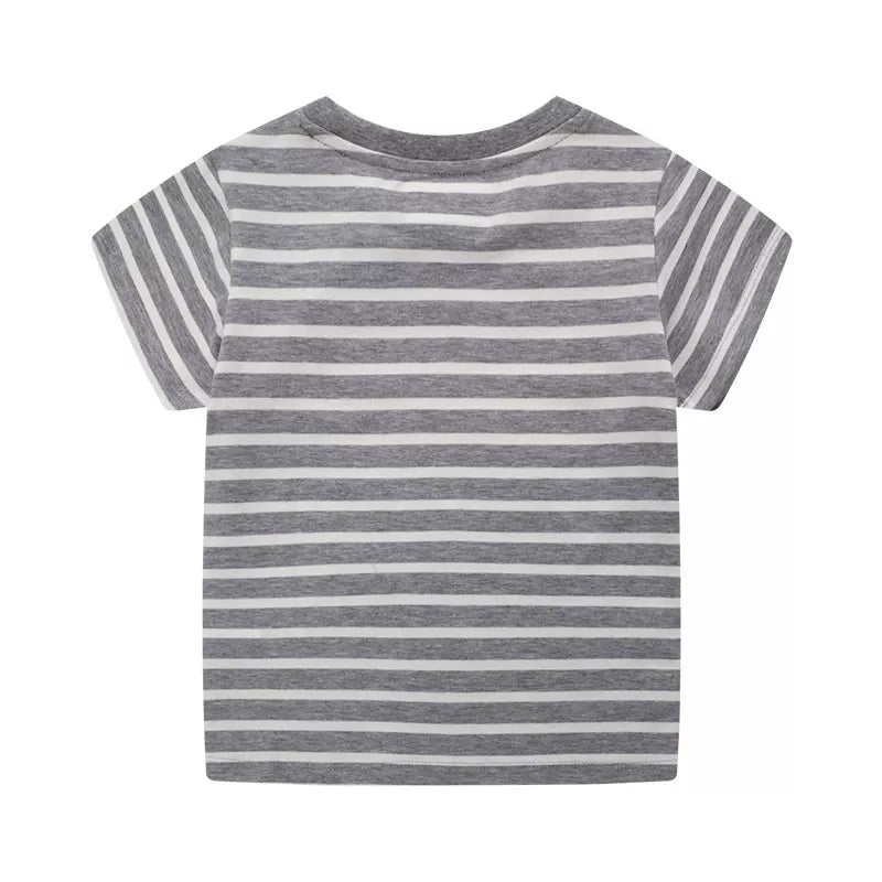 Children's Excavator Striped Round Neck T-Shirt