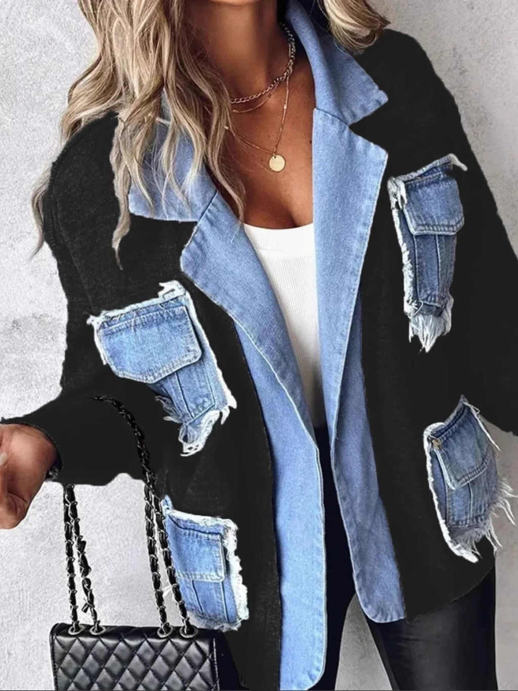 Raw Hem Denim Pocket Patchwork Cardigan