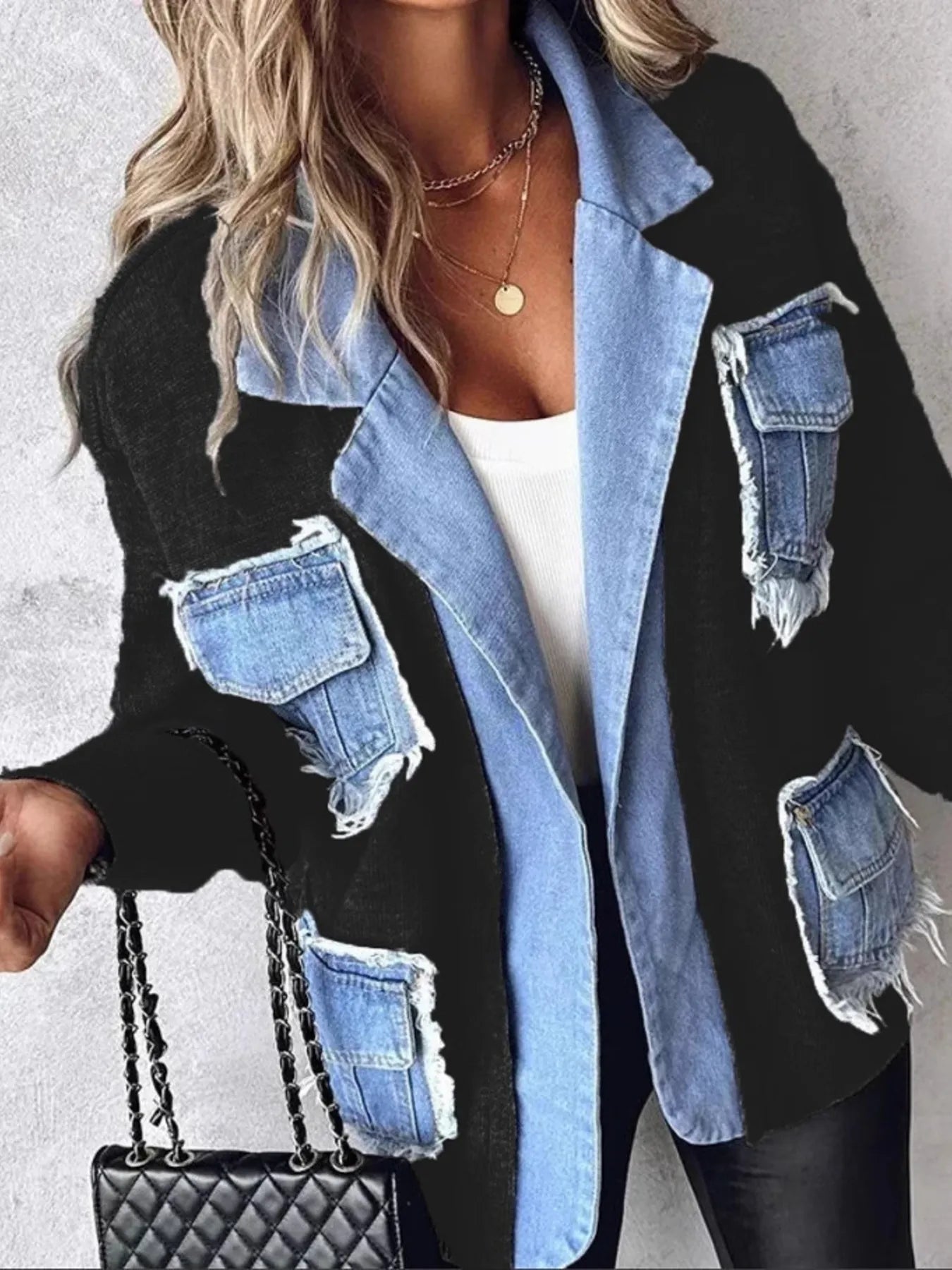 Raw Hem Denim Pocket Patchwork Cardigan