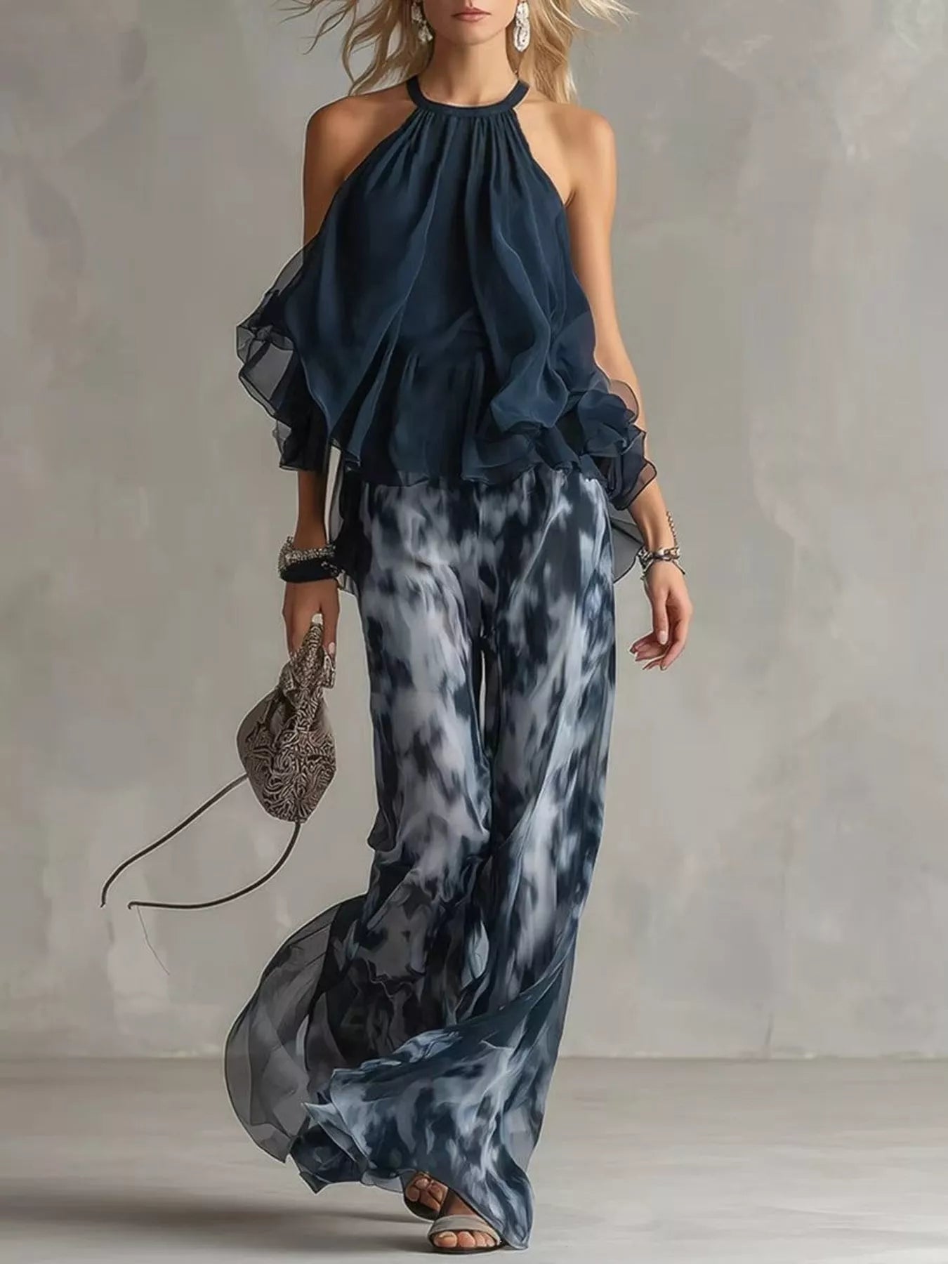 Halter Neck Top and Tie-Dye Wide-Leg Pants Set
