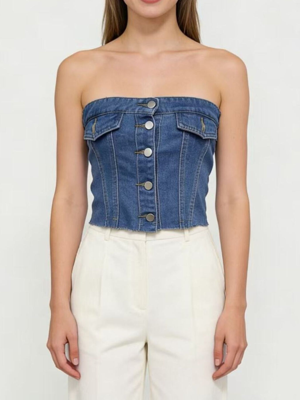 Button Front Denim Tube Top