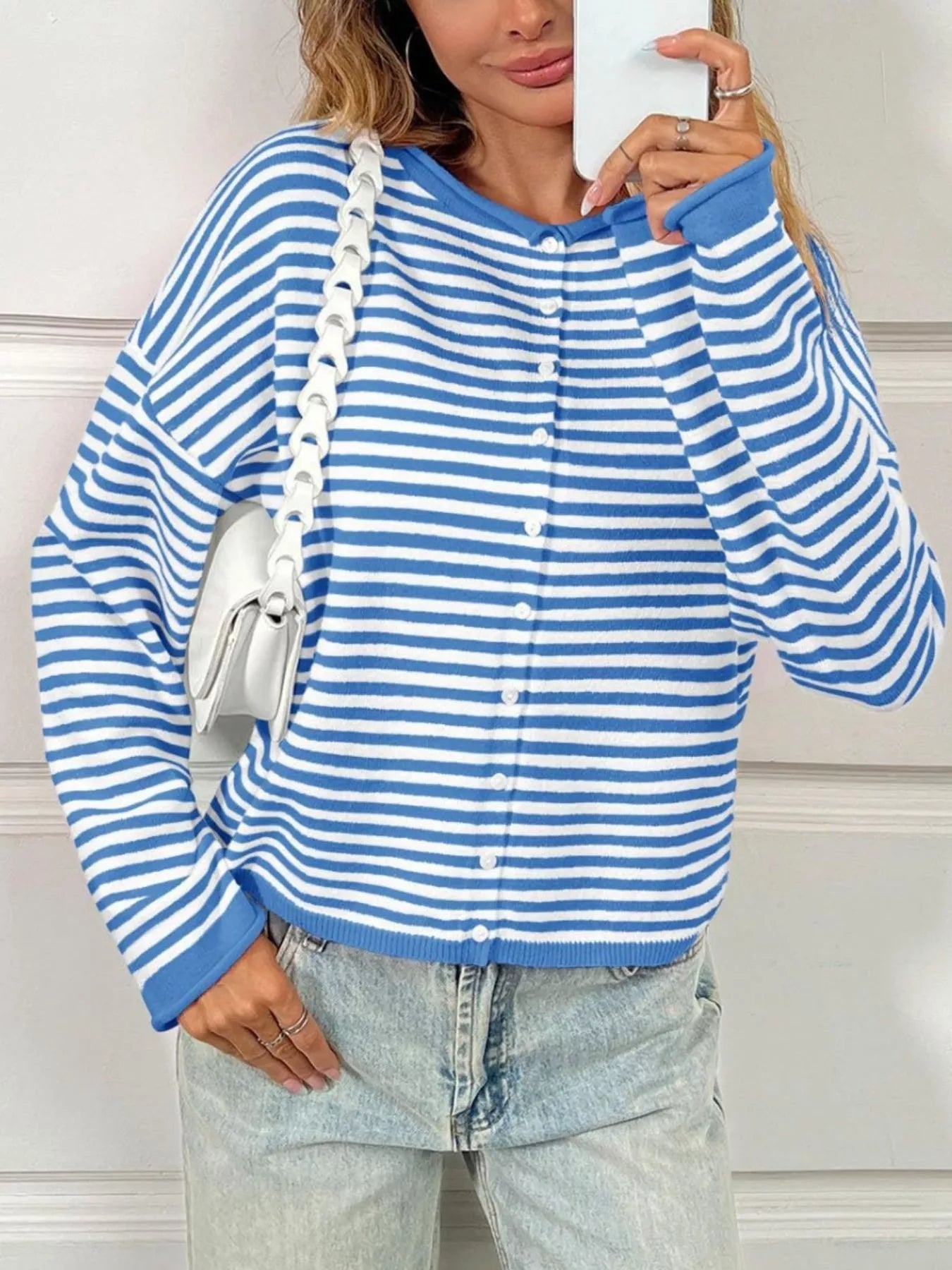 Striped Button-Down Knit Cardigan