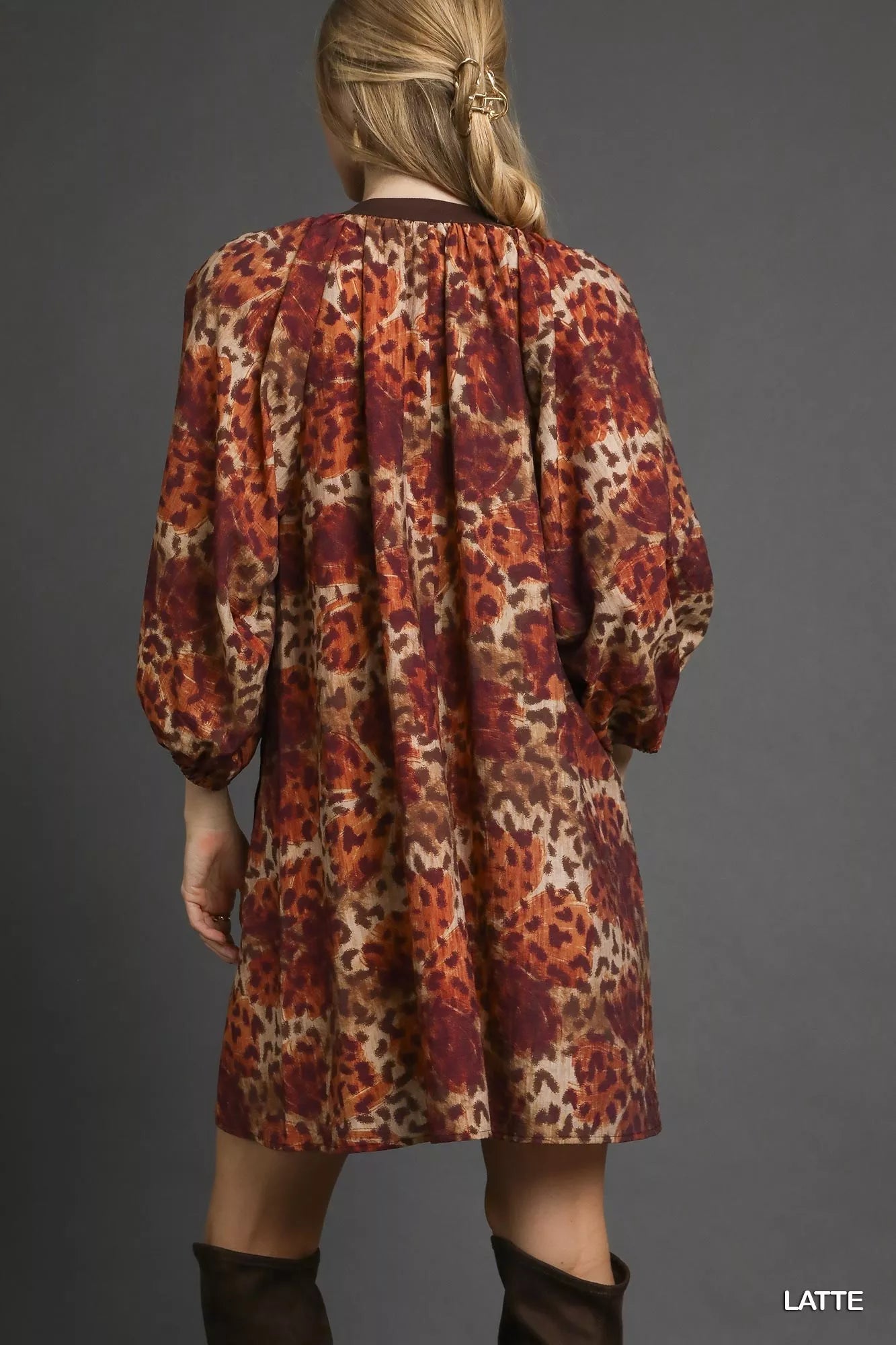 Umgee Animal Print Boho Tunic Dress with Contrast Trim Detail