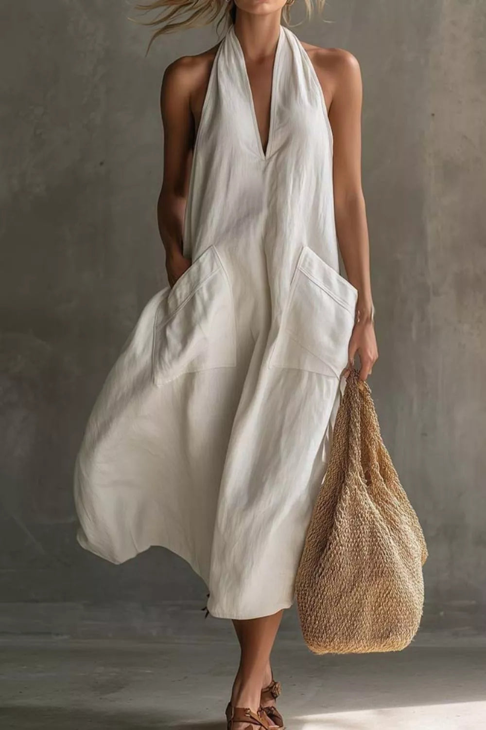 Casual Halter Neck Pocket Midi Dress