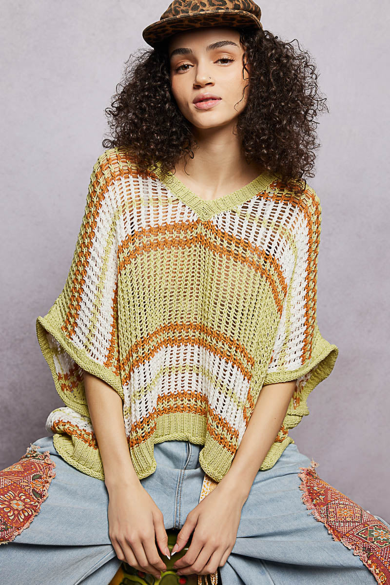 POL Openwork Lightweight Striped V-Neck Knit Top