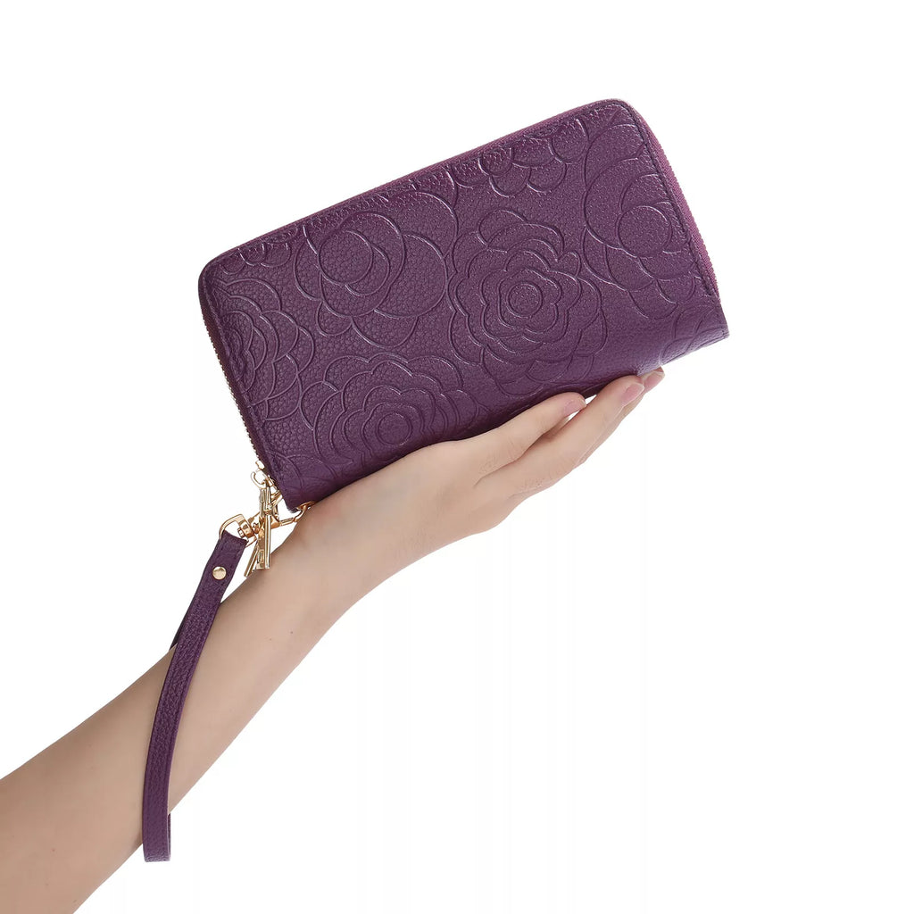 Embossed Floral Pattern Double Zipper Wallet