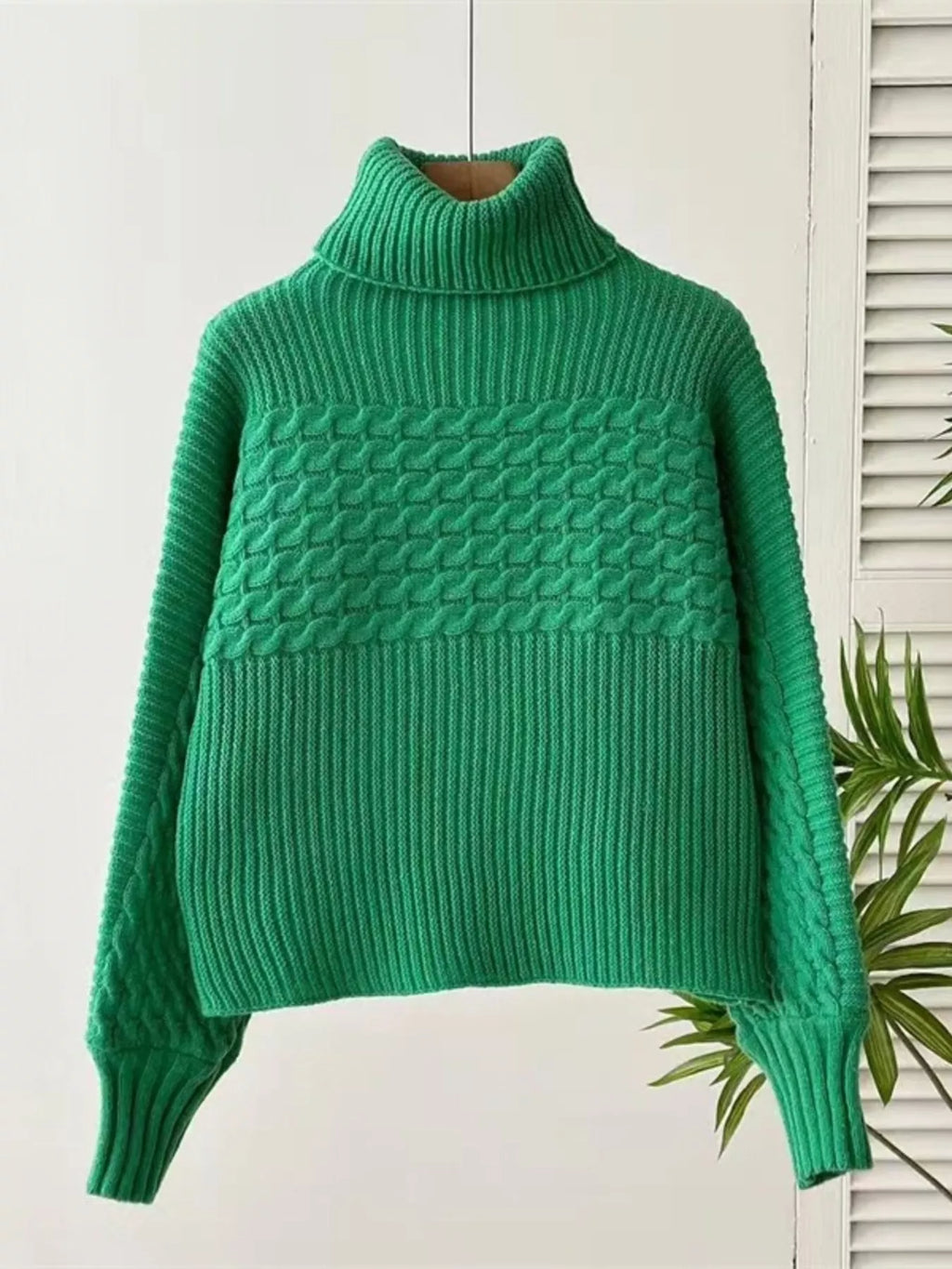 Textured Knit Turtleneck Long Sleeve Sweater