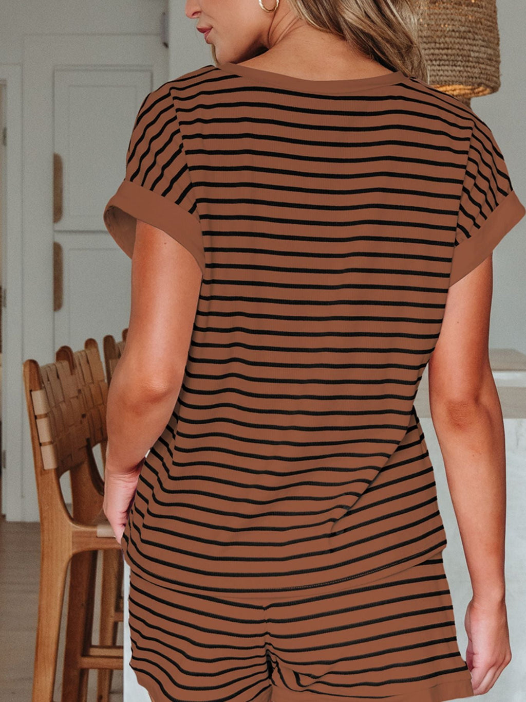 Stripe Ribbed Dolman Tee and Elastic Waist Casual Short Set