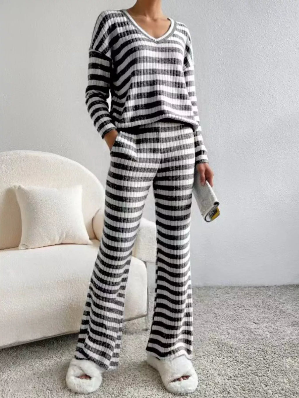 Striped Ribbed Knit Top and Pants Set