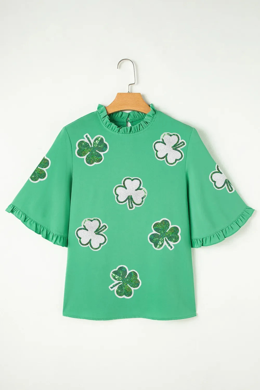 Sequin Clover Graphic Ruffled Trim Bell Sleeve St Patrick Blouse