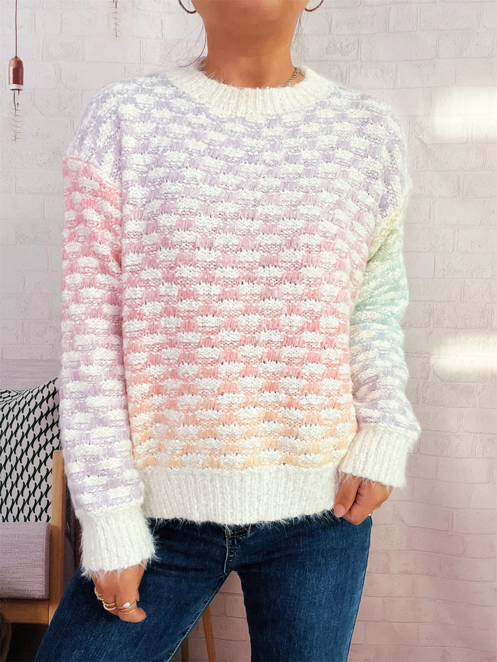 Rainbow Gradient Round Neck Sweater